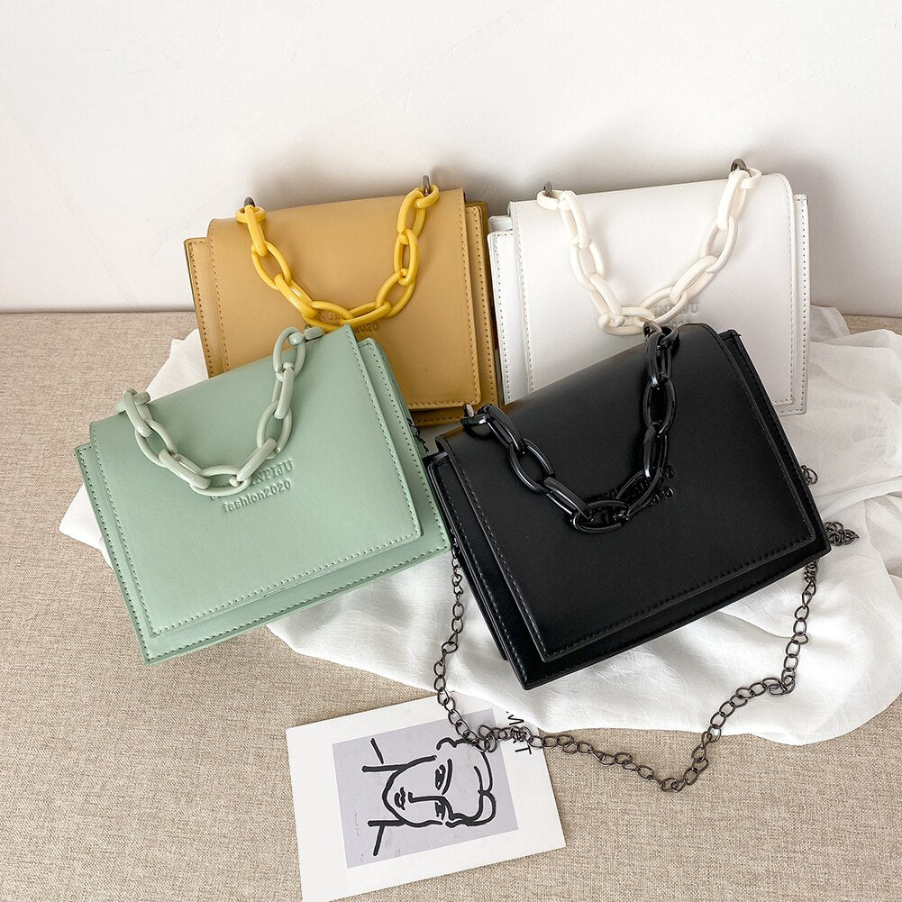 Women Solid Color Chain Crossbody Bags Fashion Flap Letter Print Female Shoulder Bag Female PU Leather Casual Square Handbag