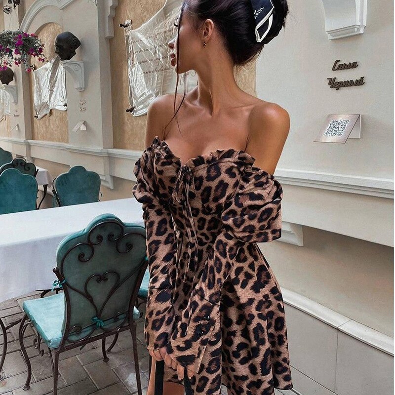 Sexy Off Shoulder Lantern Sleeve Dress Leopard Print Mini Dress 2021 Summer Women Female Backless Casual Bodycon Dresses