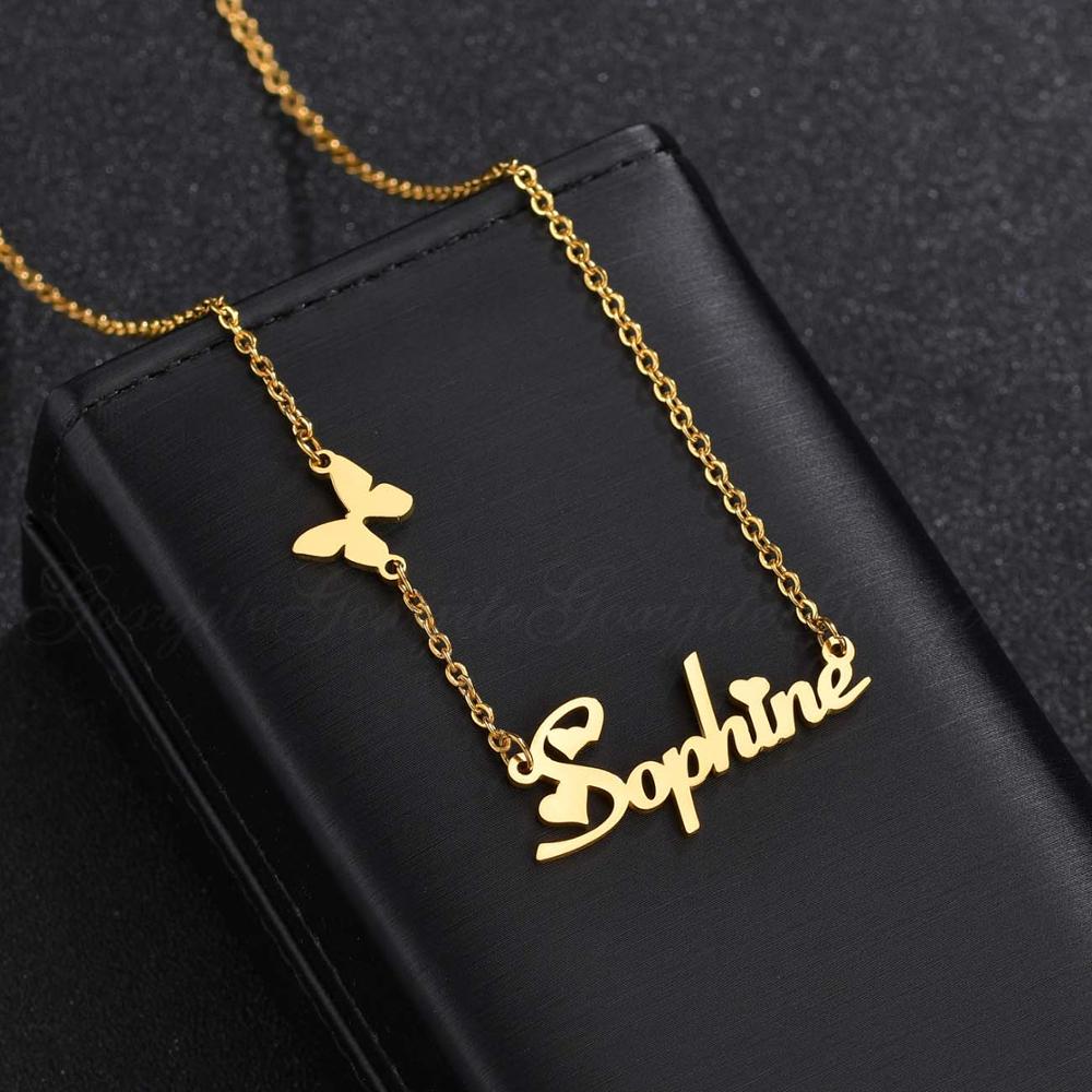 Goxijite Fashion Custom Stainless Steel Name Necklace With Butterfly For Women Personalized Letter Gold Choker Necklace Gift