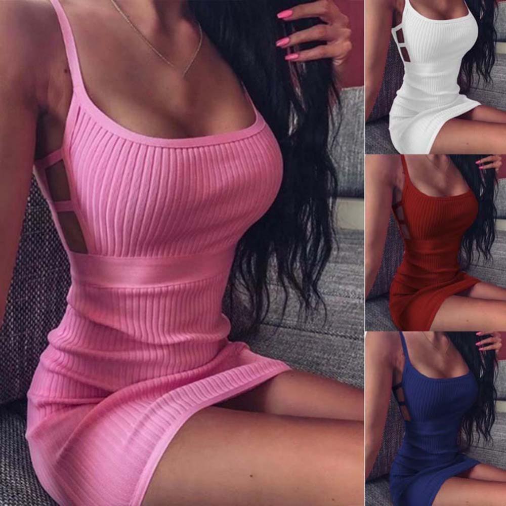 70% Hot Sell Women Sexy Sleeveless Ribbed Hollow out Backless Club Mini Bodycon Sling Dress