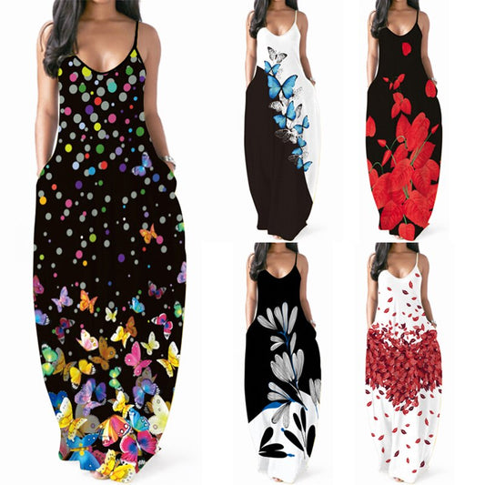 2021 Newest Hot Women's Summer Boho Floral Long Maxi Evening Party Beach Dress Floral Sleeveless V Neck Sundress