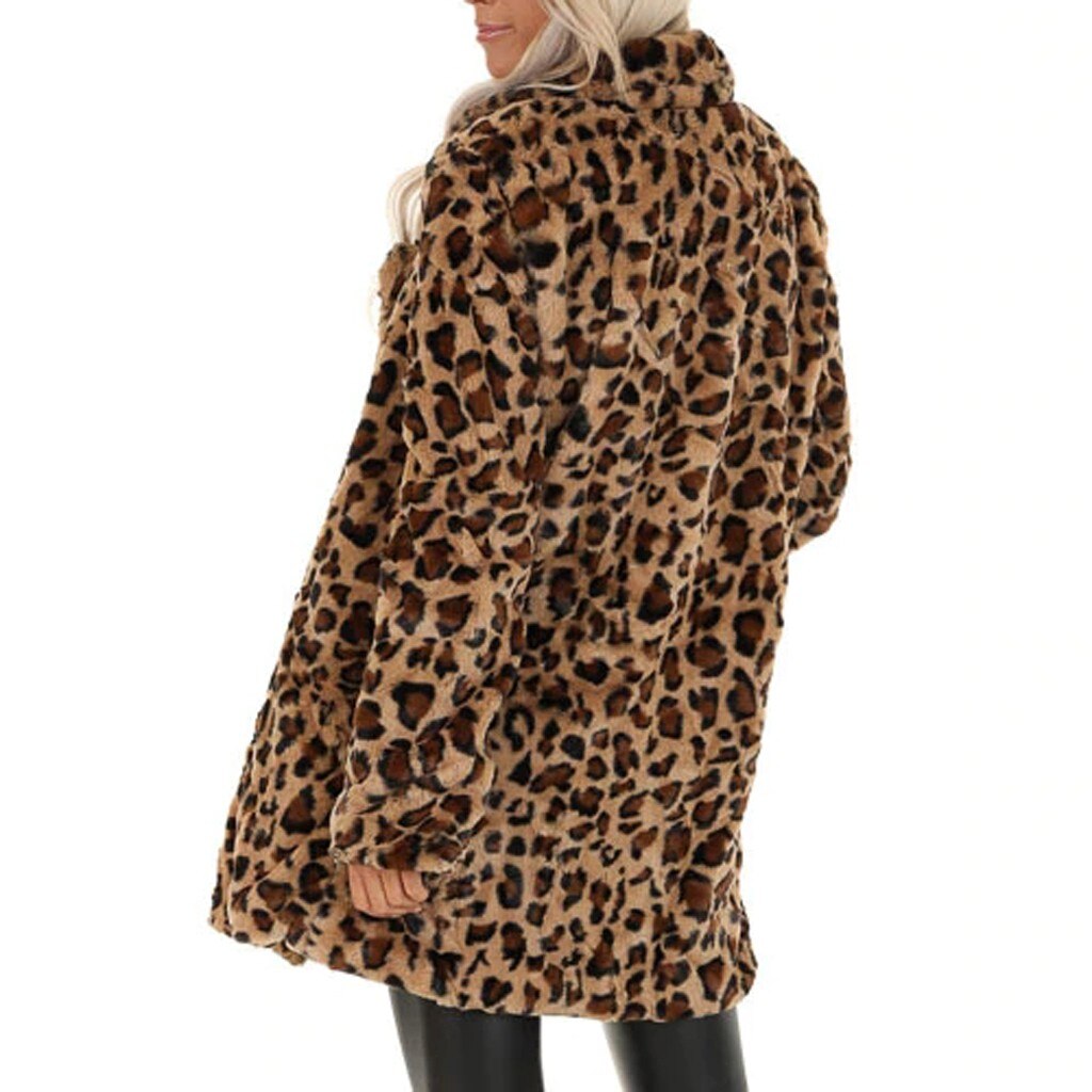 Women Coat 2021 Autumn Jacket New Fashion Leopard Faux Fur Pocket Fuzzy Warm Winter Oversized Outwear Long Coats Outwear Tops