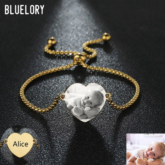Bluelory Personalized Laser Engraved Photo Name Heart Bracelets Golden Stainless Steel Adjustable Custom Jewelry For Women