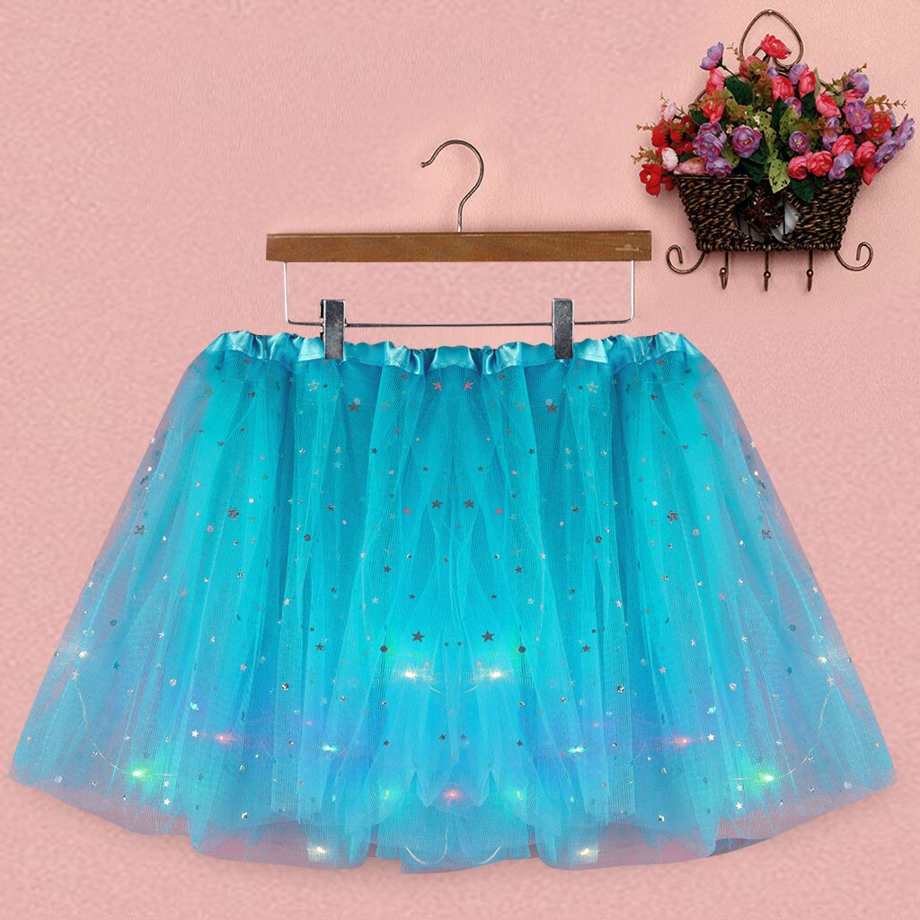 Women Star Sequins Mesh Pleated Tulle Princess Skirt With Led Small Bulb Ruffles Tutu Lace Skirt Girl Dance Princess Party Skirt