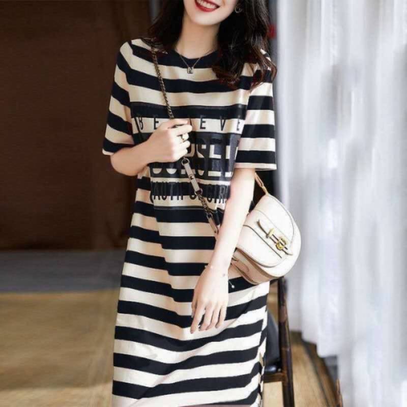 summer Korean medium length loose and thin striped printed T-shirt dress women's student round neck medium length Fairy Dress