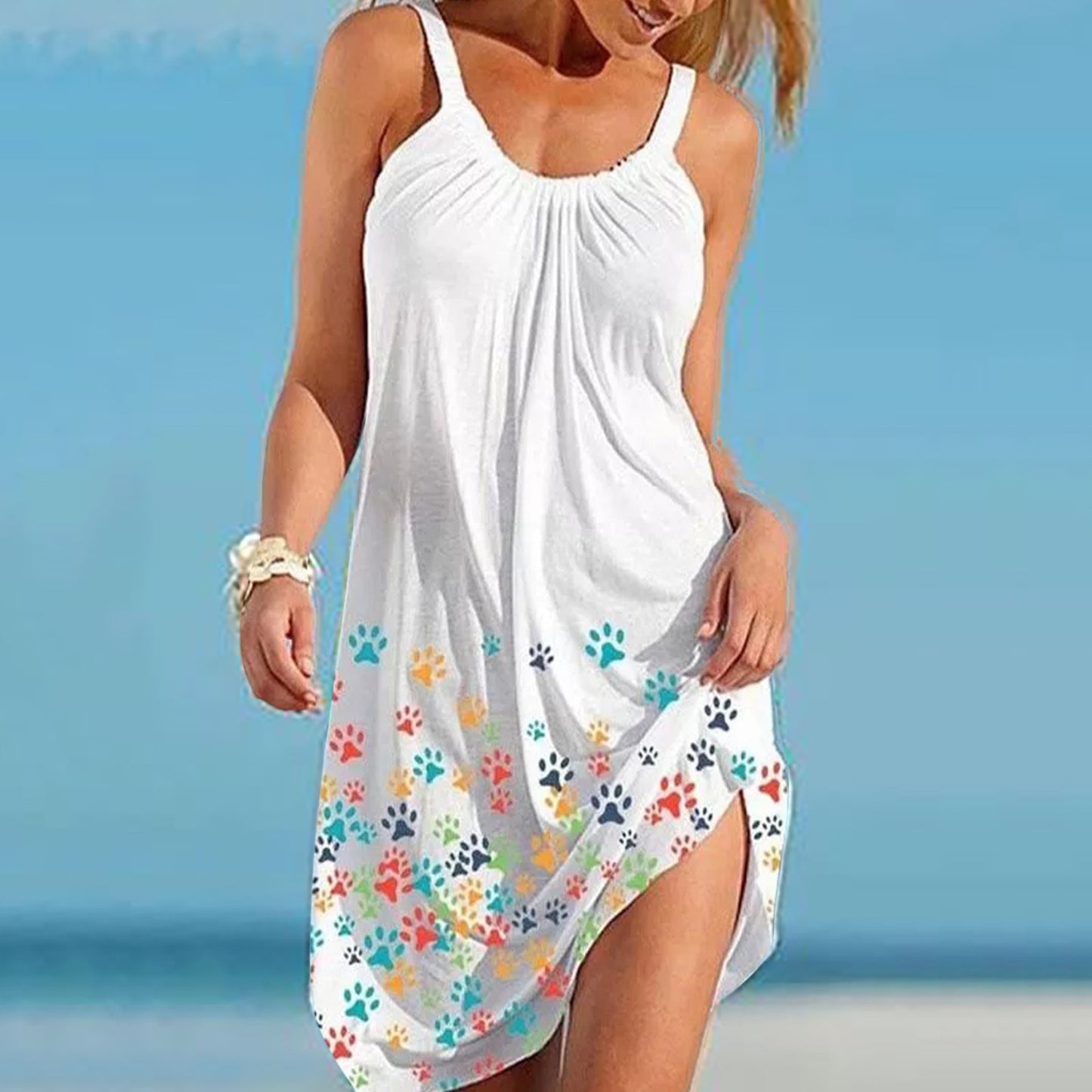 Women'S Summer Sundress Beach Style Cute Paw Print Printed Dress Spaghetti Strap Sling Seaside Casual Dresses Women Ropa Mujer