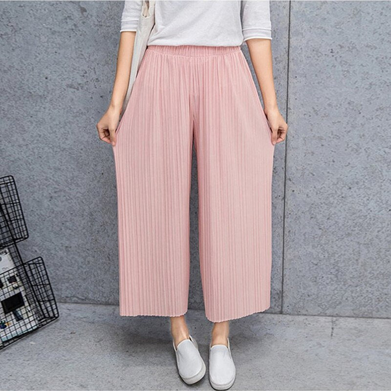 2021 Women Casual Loose Wide Leg Pant Womens Elegant Fashion Preppy Style Trousers Female Solid Color Female Fold Pleated  Pants