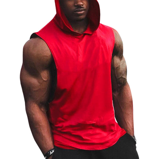 Men Fashion Hooded Fitness Tank Top Sleeveless Solid Color Sports Fitness Tops For Men New Fashion 2021