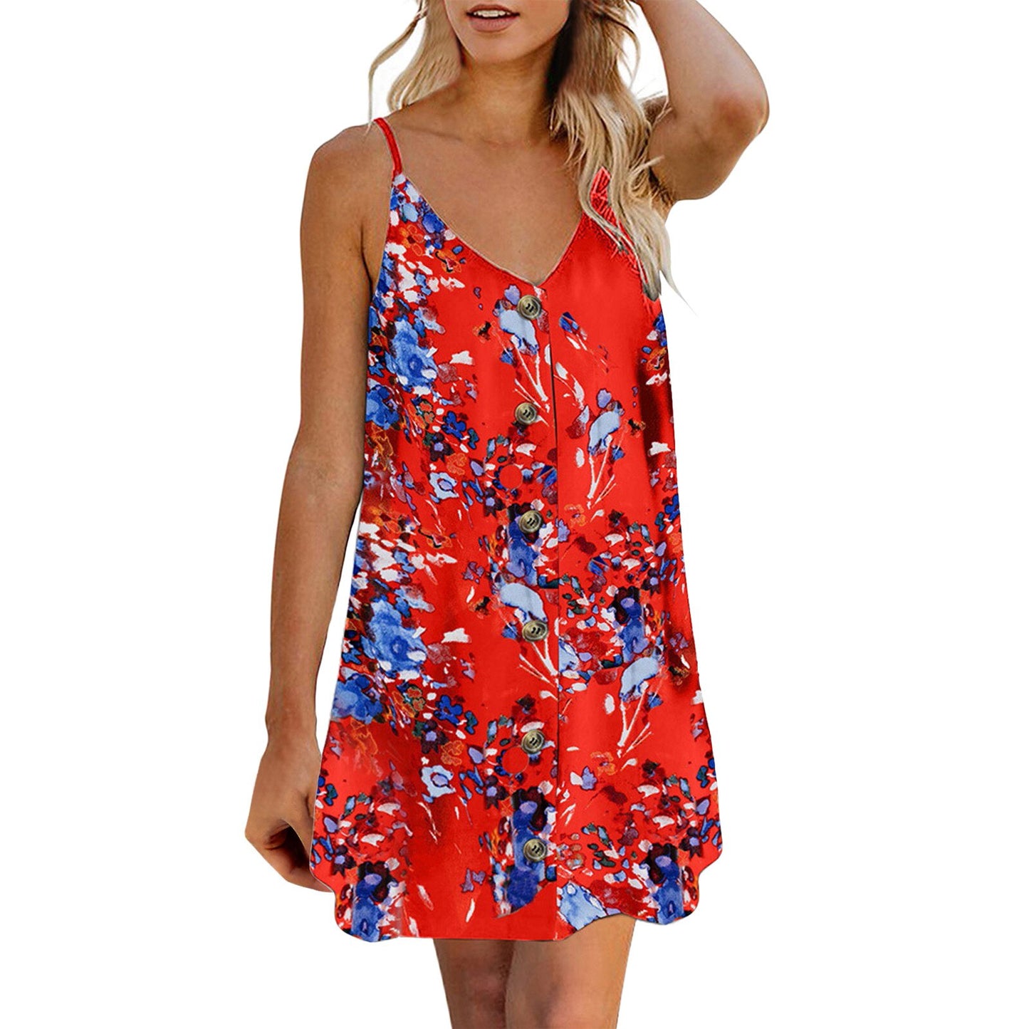 Women Summer Leisure Time On Vacation Mini Dress Sexy Floral Print Sleeveless Backless Camisole Dresses Casual V-Neck Vestidos