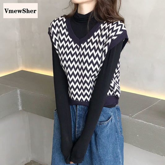 VmewSher New Argyle Women Sweater Vest Autumn V-Neck Vintage Knitted Short Pullover Knitwear Soft Loose Elegant Sleeveless Tops