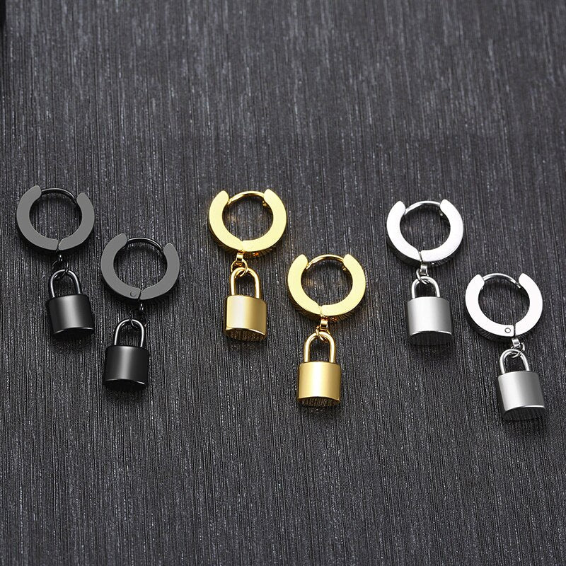 Vnox Personalize Initial Lock Huggie Earrings for Women Stainless Steel Dangle Earrings Customized Letter Sister Candid Jewelry