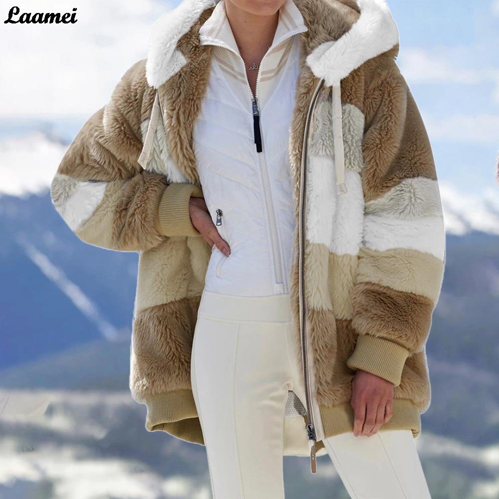 2021 Oversized 8XL Winter Women Jacket Fashion Plush Patchwork Zipper Pocket Hooded Jacket Warm Loose Long Sleeve Women's Coat