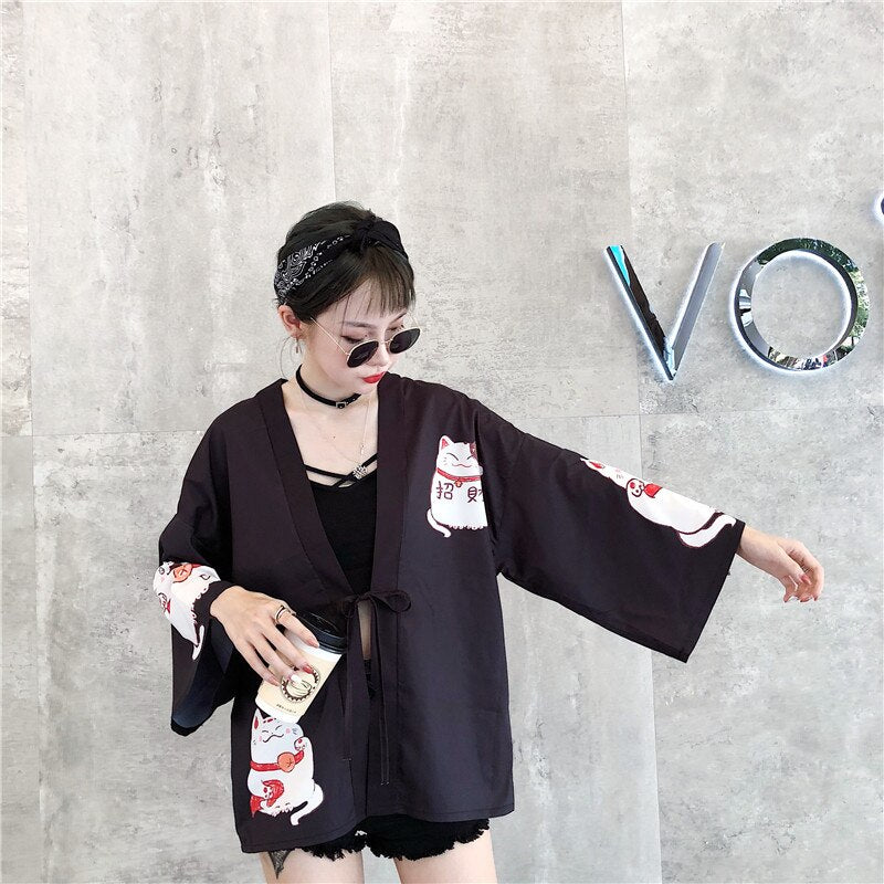 #5305 Summer Sunscreen Cardigan Kimono Wrap Coat Women Loose Vintage Lucky Cats Kimono Coat Femme Harajuku Outerwear Black Pink