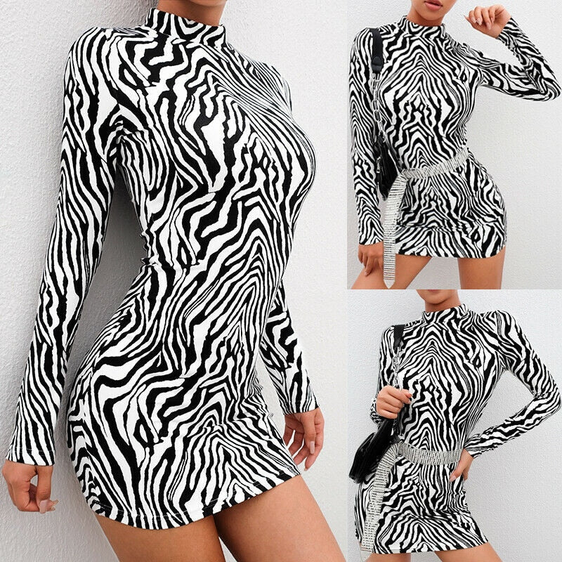 Fashion Sexy Women Bodycon Long Sleeve Zebra Striped Dress Clubwear Print Turtleneck Slim Dress Evening Party Mini Pencil Dress