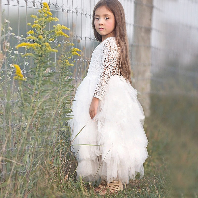 Autumn Long Sleeve Girl Dress Lace Flower 2020 Backless Beach Dresses White Kids Wedding Princess Party Pageant Girl Clothes 8T