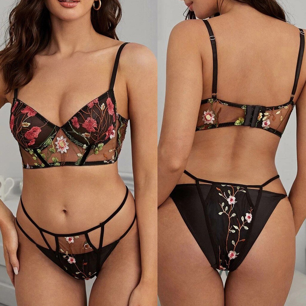 2PCS Embroidery Lace Flowers French Underwear Sexy Body Shaping Push Up Bra Set Romantic Black Lingerie Bras and Panties Set