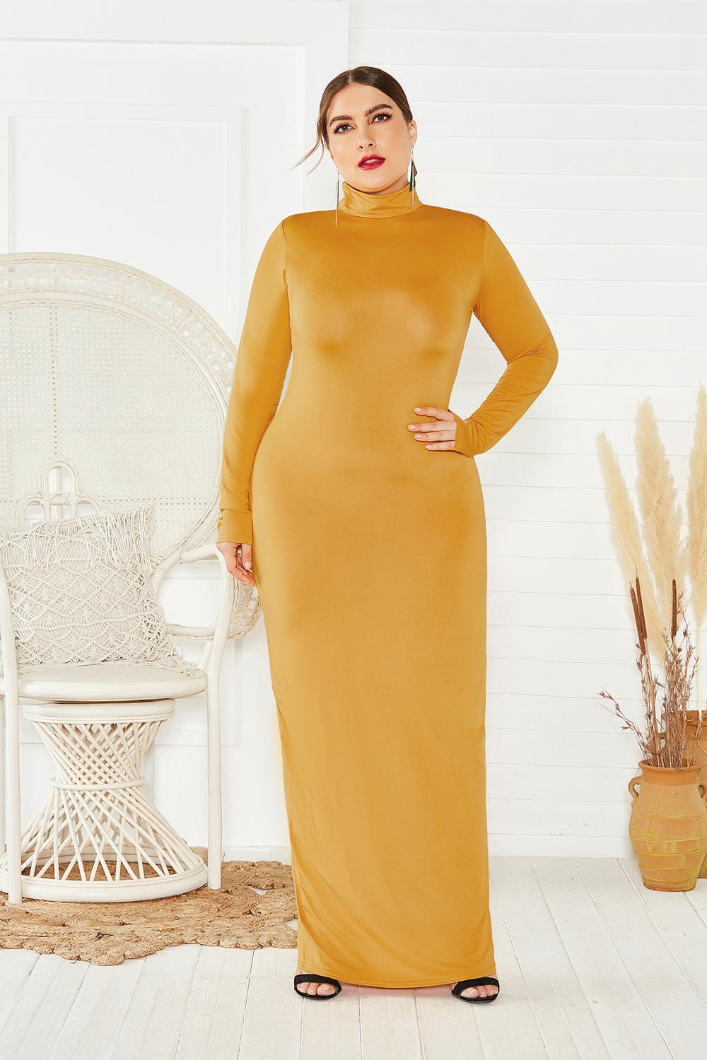 Spring Autumn Women Solid Casual Slim Bodycon Package Hip Maxi Dress Long Sleeve Turtleneck Stretchy Long Dresses Plus Size Robe
