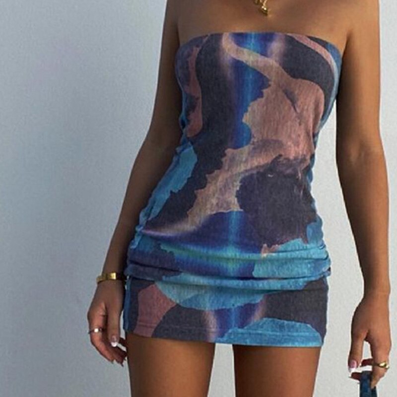 Tube Top Mini Dress Women's Summer Festival Clothes Y2K Sexy Party Bodycon Tie Dye Sleeveless Backless Vintage Female Clothing