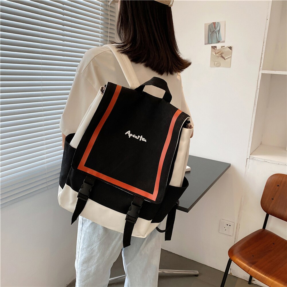 2021 Women Multi-Function Backpack Ladies School Bag Preppy Style Canvas Rucksack Casual Contrast Color Large Capacity