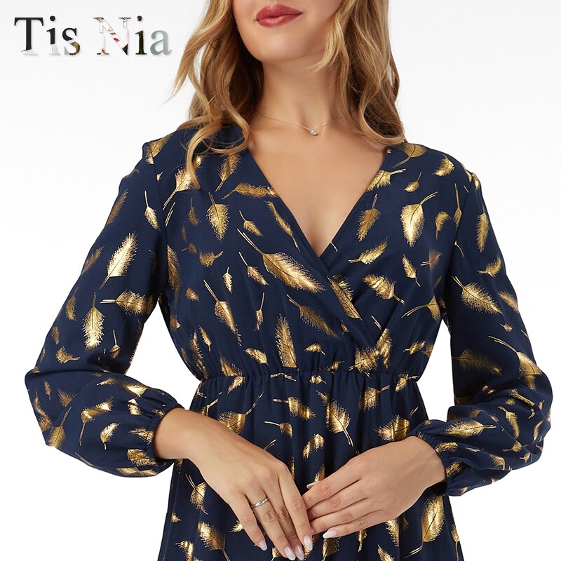 Elegant Gold Feather Print Dress Sexy Autumn Long Sleeve V-neck Ladies Dress 2021 Office Wrap Lace A-line Blue XL Vestidos