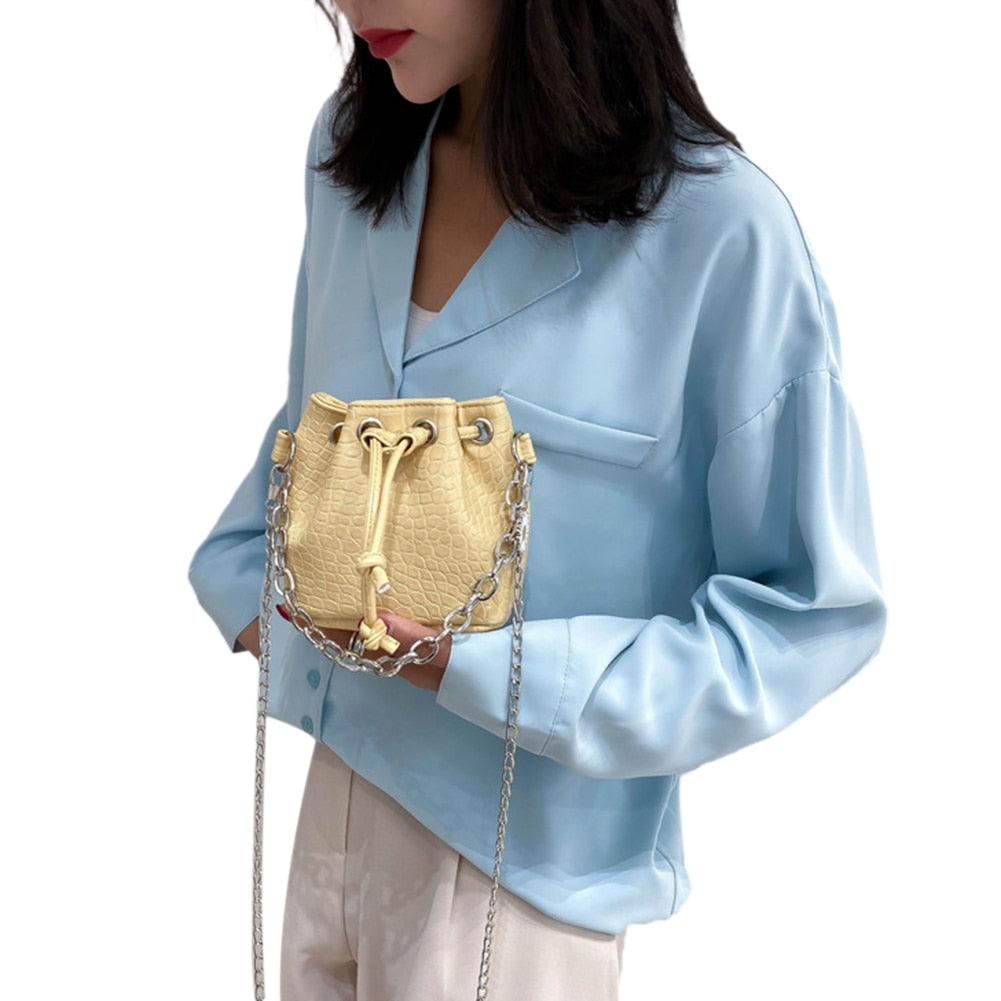 Women Solid Color Crossbody Bag Fashion Chain Shoulder Messenger Bag Small Bucket Handbags for Ladies