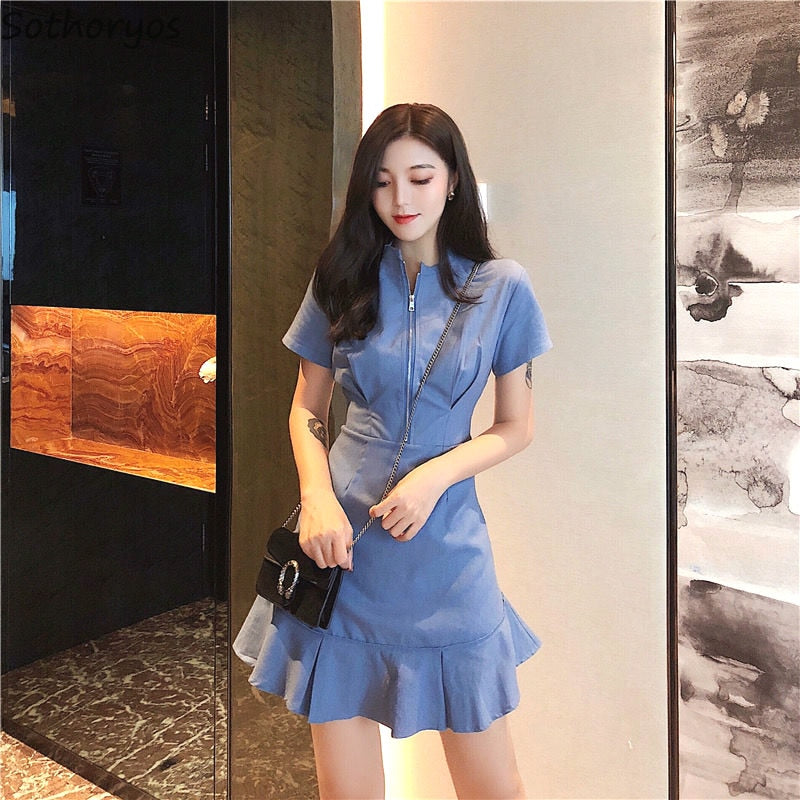 Short Sleeve Dress Women Zipper Stand Collar Mini Bodycon Ruffles Sexy Fashion Elegant Korean Style Chic Womens Vestido Leisure