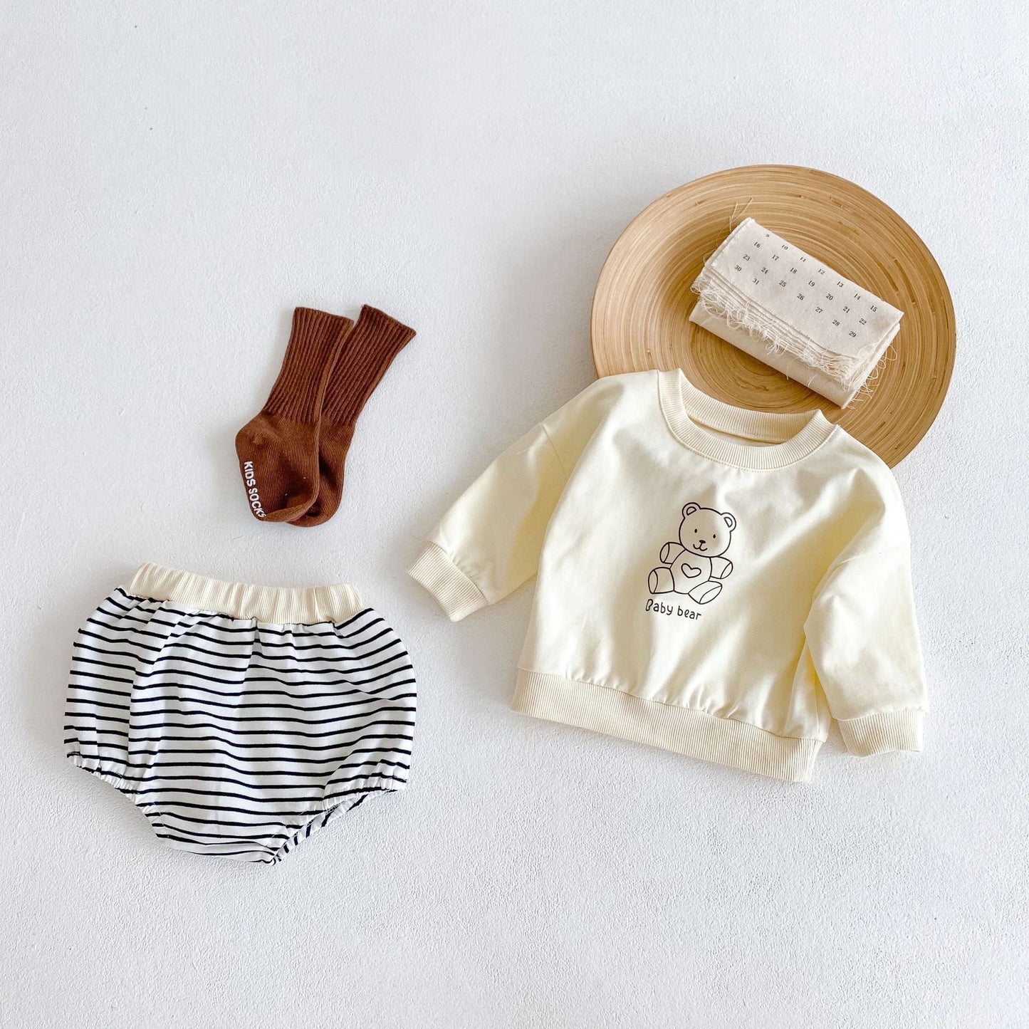 Hot Sale Autumn baby suit baby clothing Korean style Baby boy and girl bear printed sweater + striped pants two-piece suit
