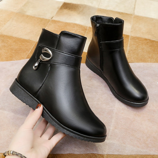 Women's Short Boots Solid Color Zipper Round Toe Flat Cotton Boots Comfortable and Lightweight Outdoor Waterproof Women's Boots