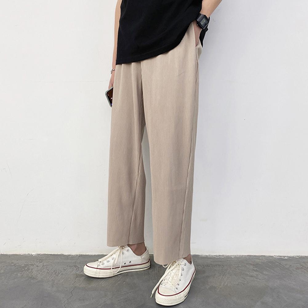 Fashion Men Casual Pants Summer Solid Color Male Cargo Pants Multi Pockets Breathable Mid Rise Wide Leg Straight Pants Trousers