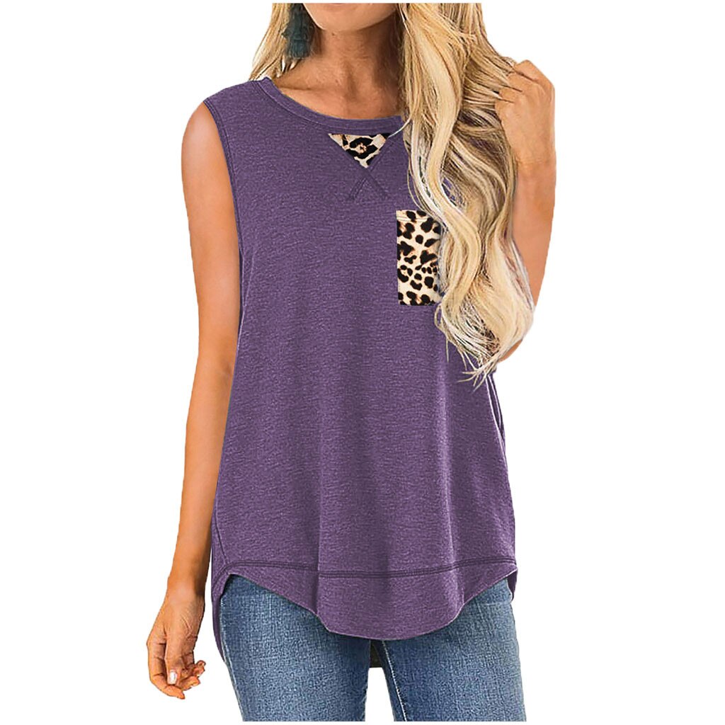 Plus Size Fashion Leopard Blouse Patchwork Tee Tunic Hem Tops Casual Summer Ladies Top Female Women Sleeveless Blusas Pullover