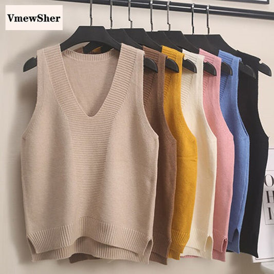 VmewSher New Spring Autumn Women Vest Knitted Casual Sleeveless Sweater Pullover Office Lady Elegant Knitwear Jumper Top Fashion