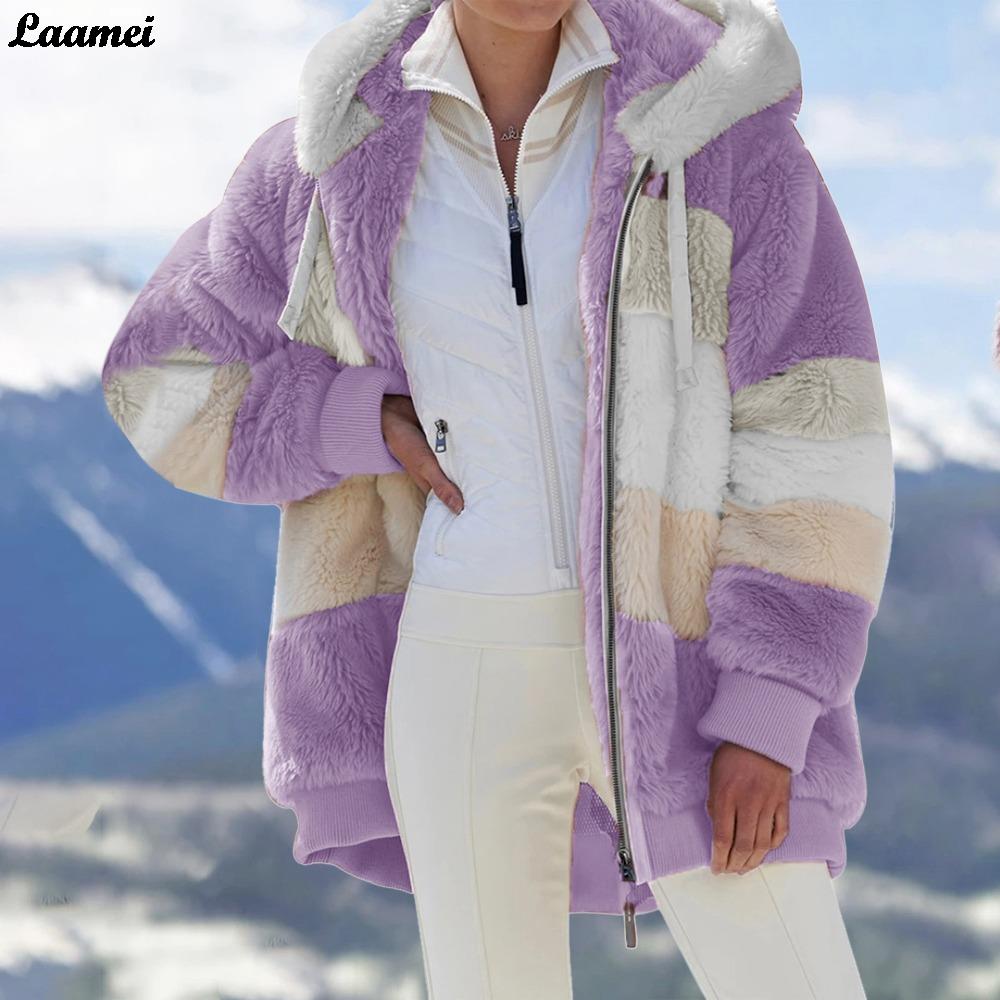 2021 Oversized 8XL Winter Women Jacket Fashion Plush Patchwork Zipper Pocket Hooded Jacket Warm Loose Long Sleeve Women's Coat