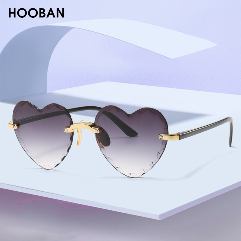 HOOBAN 2020 Fashion Heart Shape Women Sunglasses Brand Designer Lovely Rimless Sun Glasses For Female Vintage Pink Ladies Shades