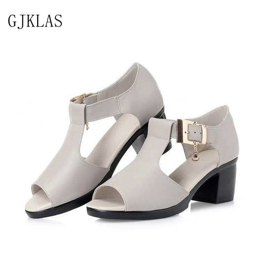 New Chunky Heels Womens Leather Sandals Ladies Shoes Large Sizes Mid Heels Summer Office Formal Shoes Women Sandals Block Heels