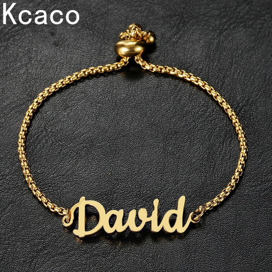 Kcaco Customized Name Bracelet Women Kids Stainless Steel Adjustable Stretch Letter Bracelets with 2.5mm Square Pearl Chain Gift