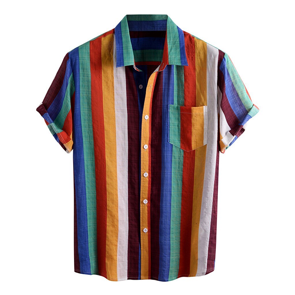 Striped Printed Shirt For Men Summer Linen Turn Down Collar Mens Casuai Shirts Streetwear Short Sleeve Hawaiian Tops Camisas #13