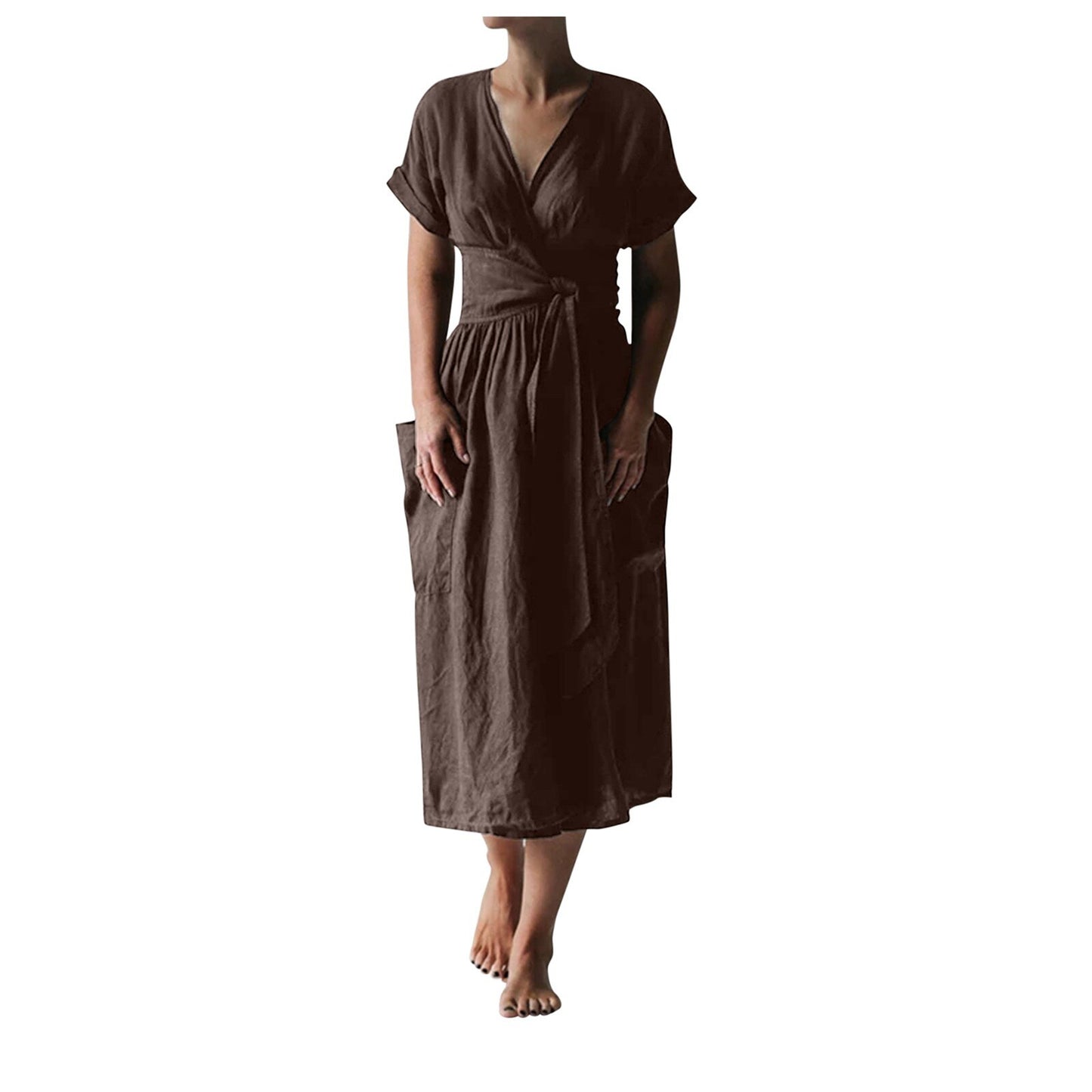 Ladies dress casual short-sleeved solid color V-neck cotton and linen lace-up slit hem strap pocket comfortable dress