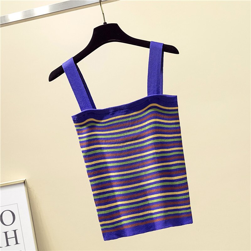 Rings Diary Women Knitting Strappy Stripe Tops Summer Slim Fit Knitwear Camisole Sleeveless Tee Shirts Tank Camis Crop Top New
