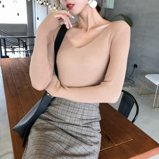 Pullover Knit Sweater Women 2021 Spring Clothes Women Jumper V Neck Soft Rib Knitted Autumn Tops Knitwear Pull Femme Sweaters
