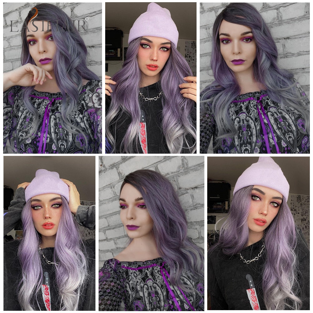 EASIHAIR Ombre Brown Mixed Purple Blonde Long Synthetic Wave Wigs for Women Heat Resistant Colorful Fiber Cosplay Lolita Wigs