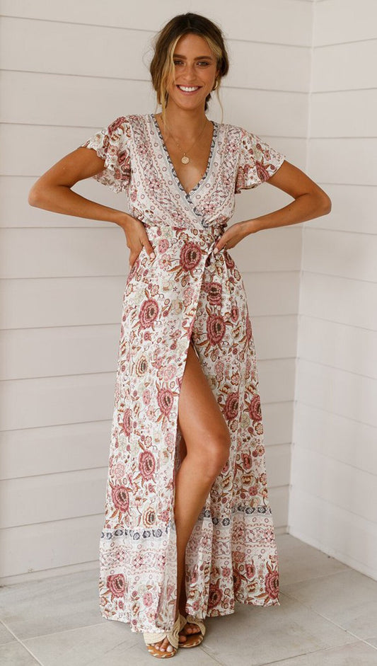Bohemian V-neck Short-sleeved Beach Resort Printed Dress Woman Retro Rayon Cotton Maxi Vestidos