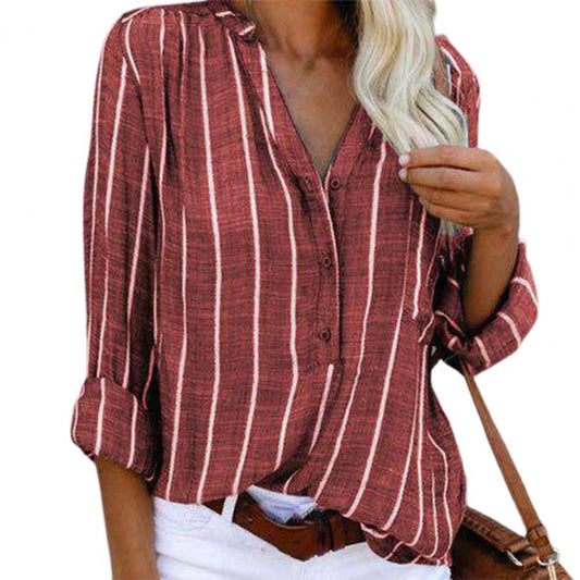 Women Shirt Blouses Single Breasted Striped Soft Button Down V-Neck Loose Shirt Female Loose Women blusas mujer de moda 2021