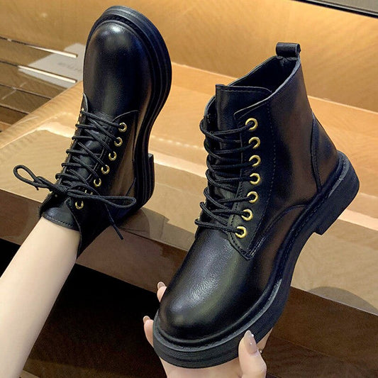 Soft PU Leather Ankle Boots Women Platform Motorcycle Booties Female Autumn Winter Shoes Woman Goth Thick with Short Boots