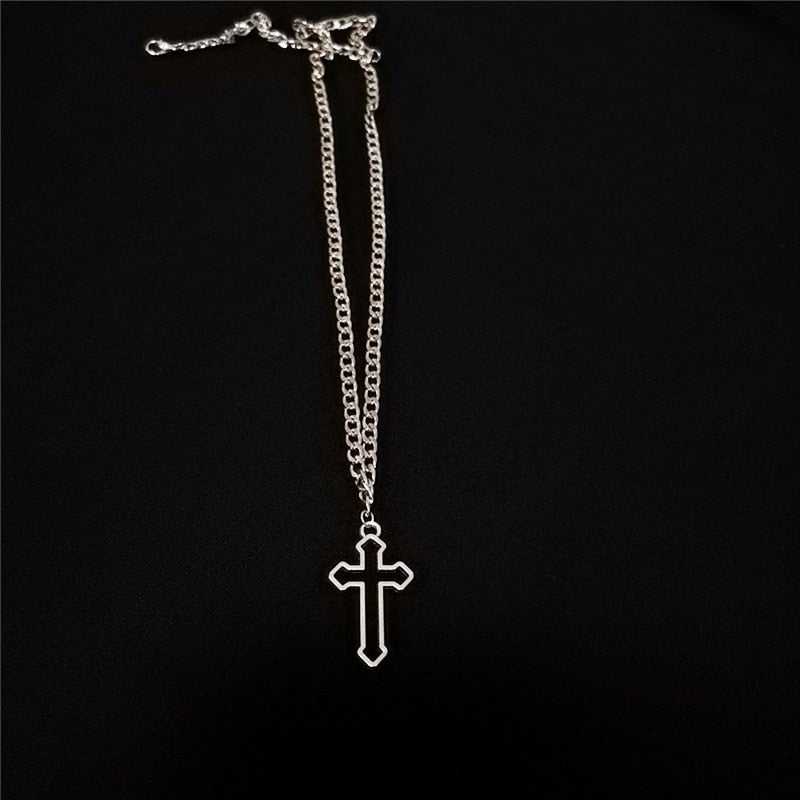 Wholesale Vintage Gothic Hollow Cross Pendant Necklace Silver Color Cool Street Style Necklace For Men Women Gift Neck Jewelry