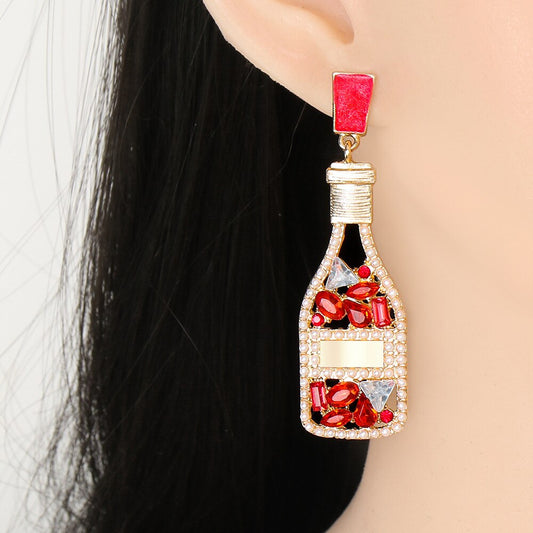 Vintage Champagne Bottle Earrings For Womens Girls Colorful Red Black Crystal Acrylic Pearl Alloy Dangle Earrings Jewelry Gifts