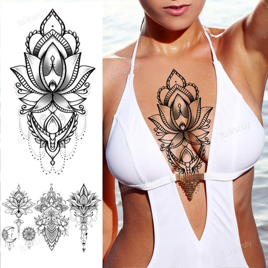 sexy body tattoos for women fake henna tattoo waterproof sternum tattoo underboob black lace mandala tattoo sticker lotus flower